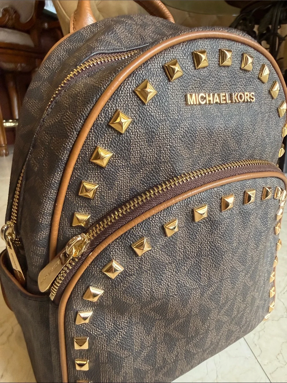 Michael Kors Brown MK Logo Backpack with Gold Studs PERFECT CONDITION
